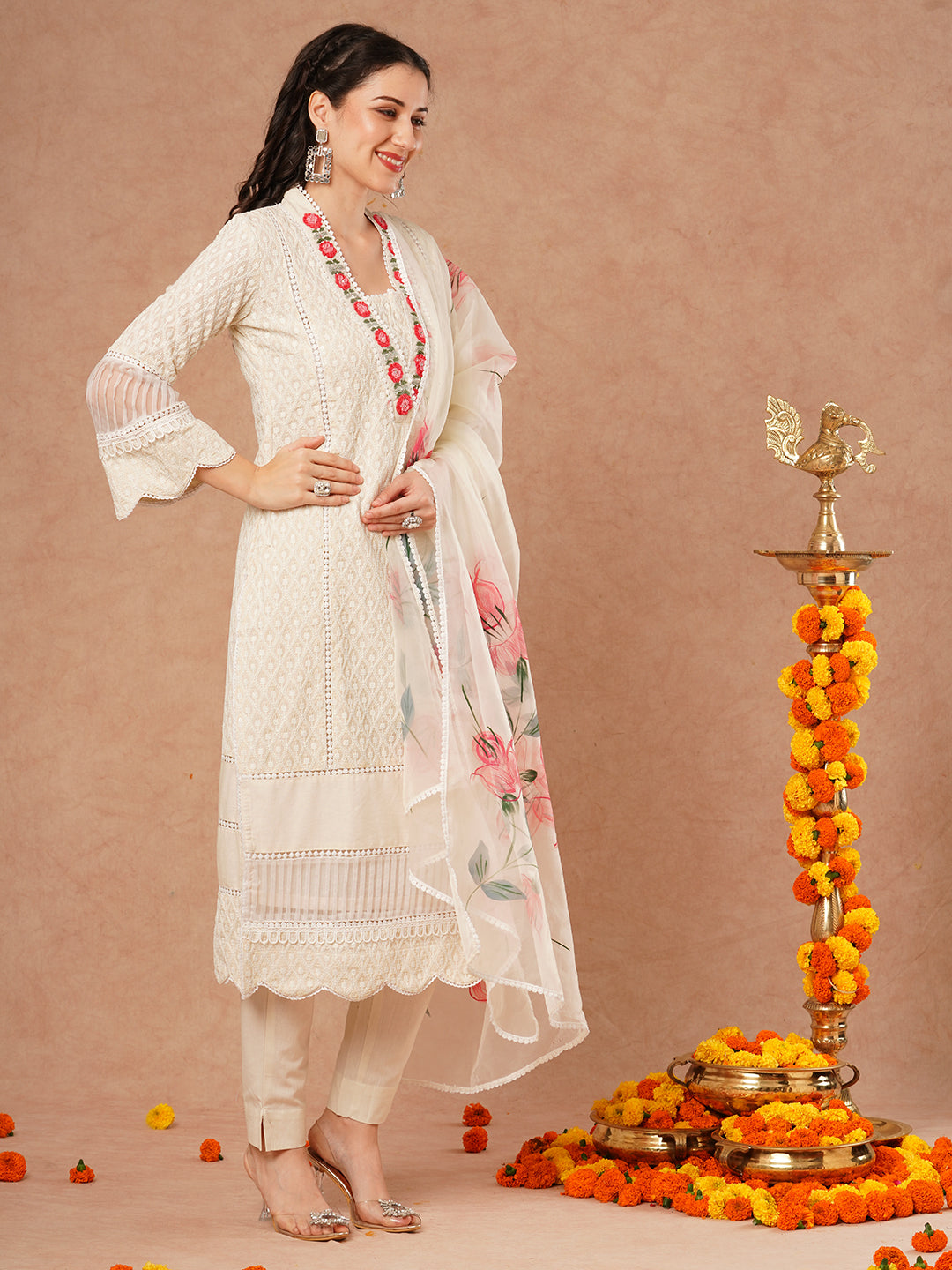 Solid Chikankari Embroidered Straight Kurta with Pant and Hand Painted Dupatta - Off White