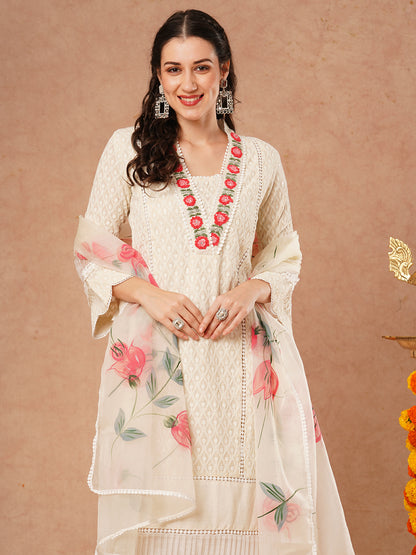 Solid Chikankari Embroidered Straight Kurta with Pant and Hand Painted Dupatta - Off White