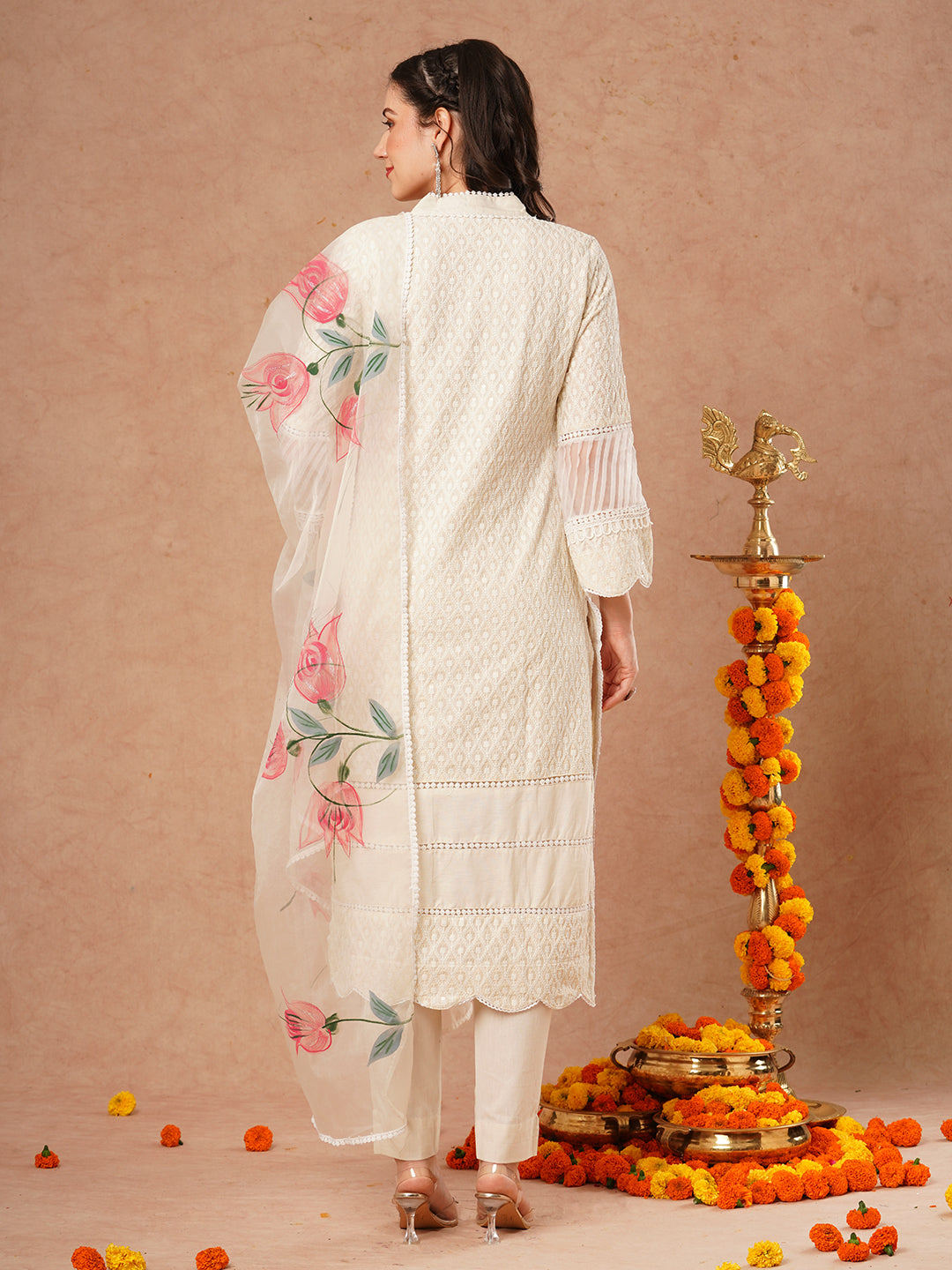 Solid Chikankari Embroidered Straight Kurta with Pant and Hand Painted Dupatta - Off White