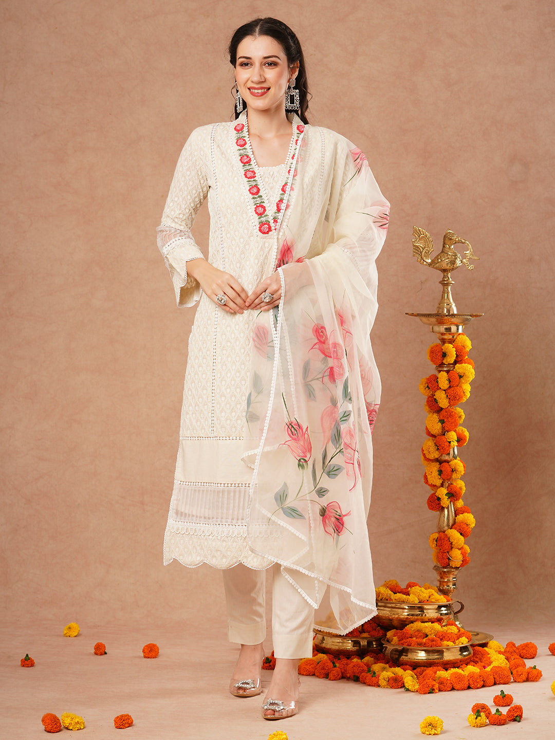 Solid Chikankari Embroidered Straight Kurta with Pant and Hand Painted Dupatta - Off White