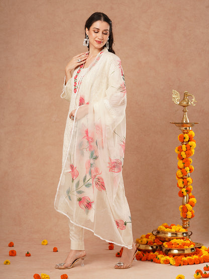 Solid Chikankari Embroidered Straight Kurta with Pant and Hand Painted Dupatta - Off White