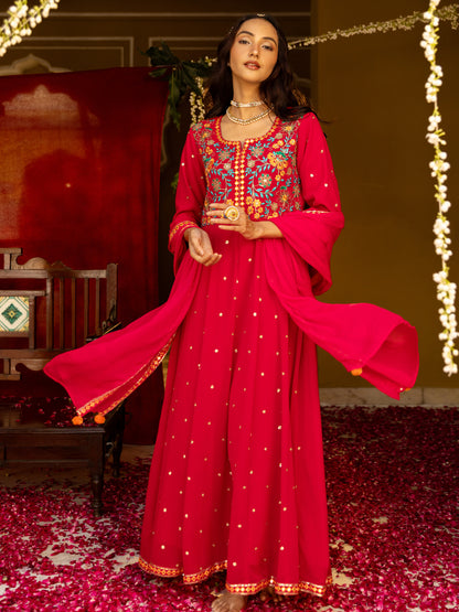 Solid Floral Embroidered Anarkali Kurta with Pant & Solid Dupatta - Pink