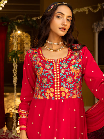 Solid Floral Embroidered Anarkali Kurta with Pant & Solid Dupatta - Pink