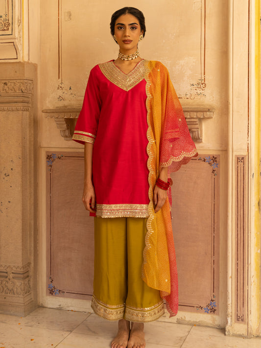 Ethnic Embroidered Straight Fit Kurta with Palazzo and Dupatta - Pink