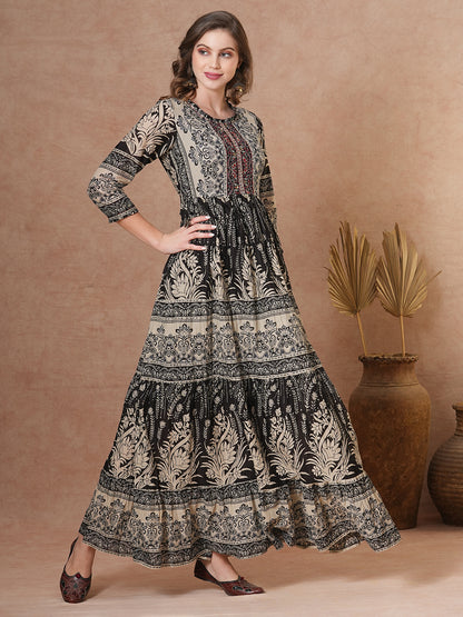 Ethnic Floral Printed & Embroidered A-Line Pleated Tiered Maxi Dress - Brown