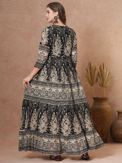 Ethnic Floral Printed & Embroidered A-Line Pleated Tiered Maxi Dress - Brown