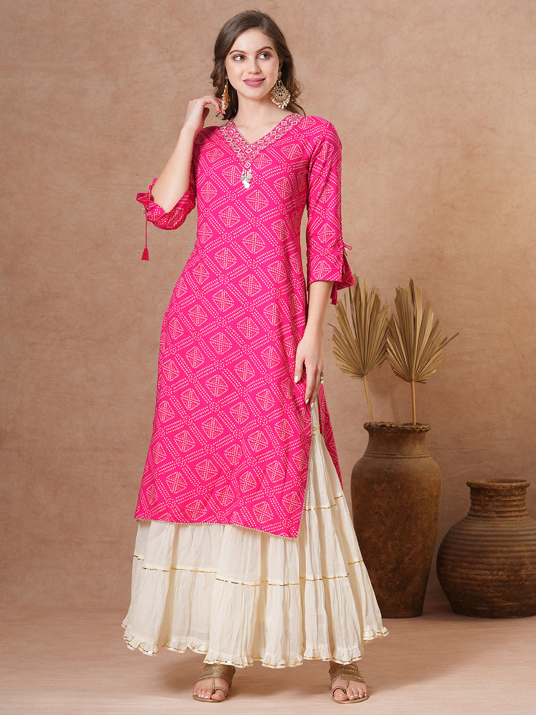 Ethnic Bandhani Printed & Embroidered Straight Fit Kurta - Pink