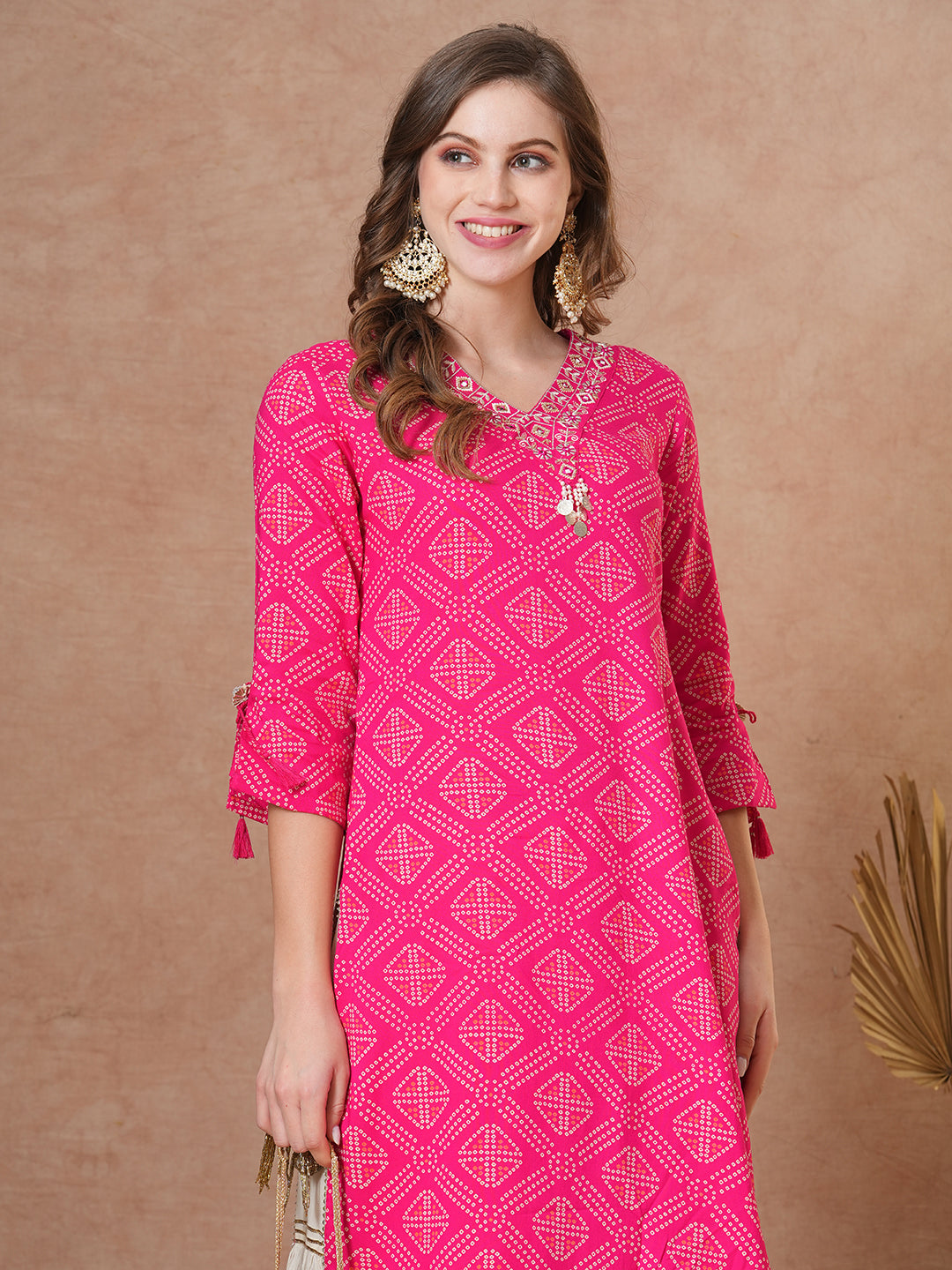 Ethnic Bandhani Printed & Embroidered Straight Fit Kurta - Pink