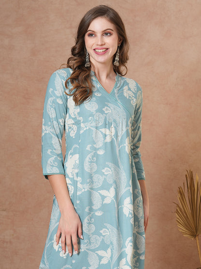 Ethnic Floral Printed Straight Fit Kurta - Blue