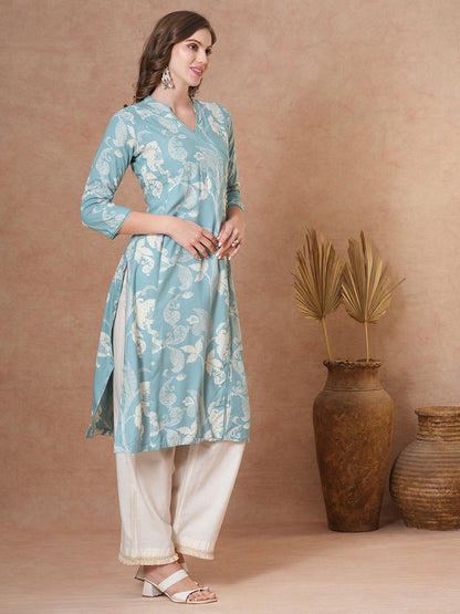 Ethnic Floral Printed Straight Fit Kurta - Blue