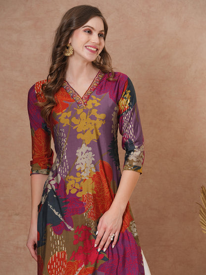 Abstract Floral Printed & Embroidered Straight Fit Kurta - Multi