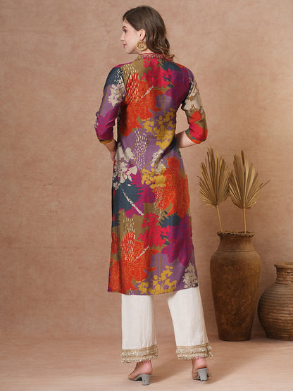 Abstract Floral Printed & Embroidered Straight Fit Kurta - Multi