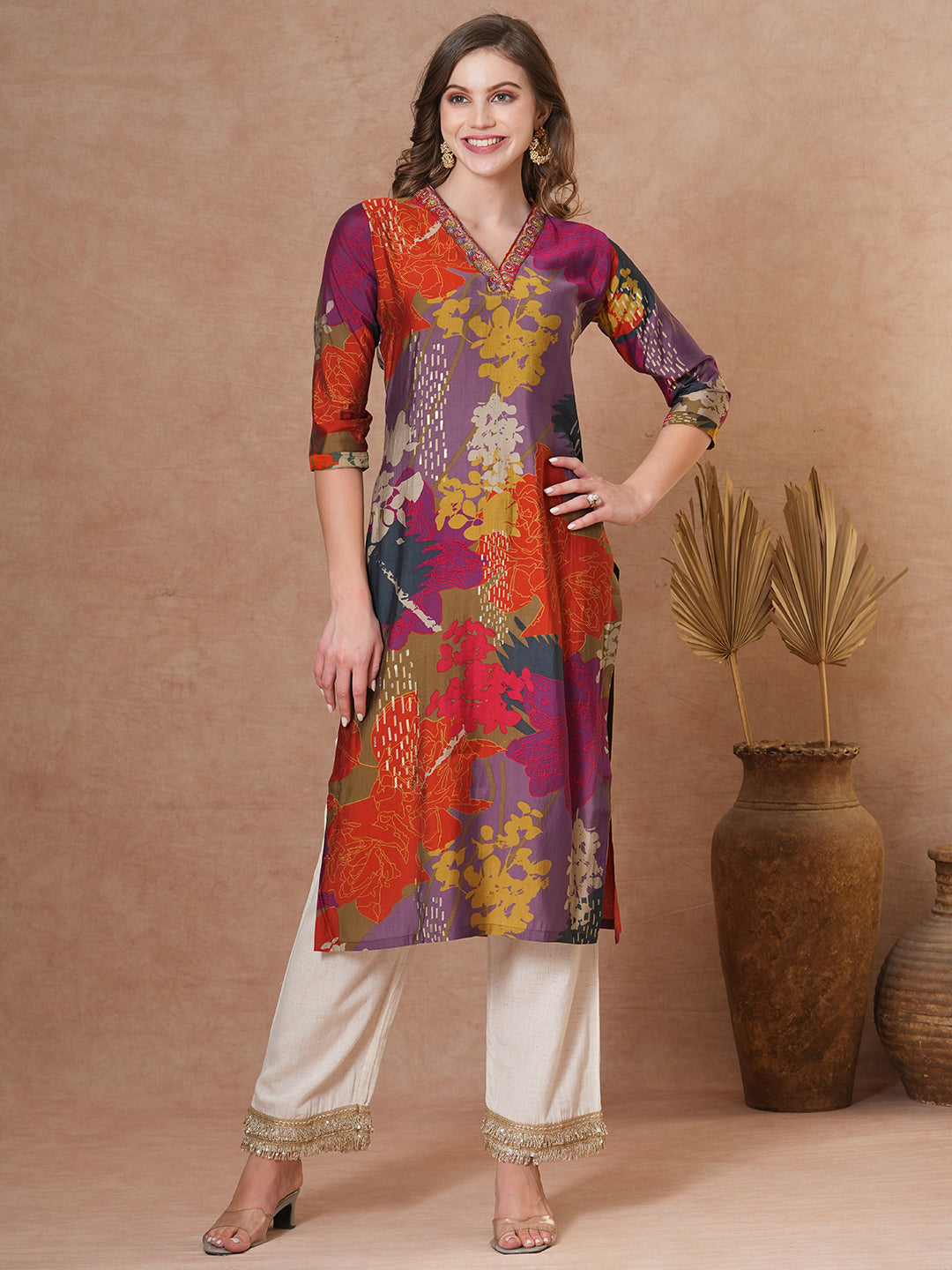 Abstract Floral Printed & Embroidered Straight Fit Kurta - Multi