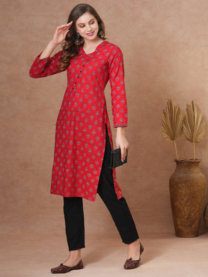 Ethnic Printed Straight Fit Kurta - Red