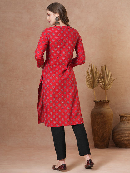 Ethnic Printed Straight Fit Kurta - Red