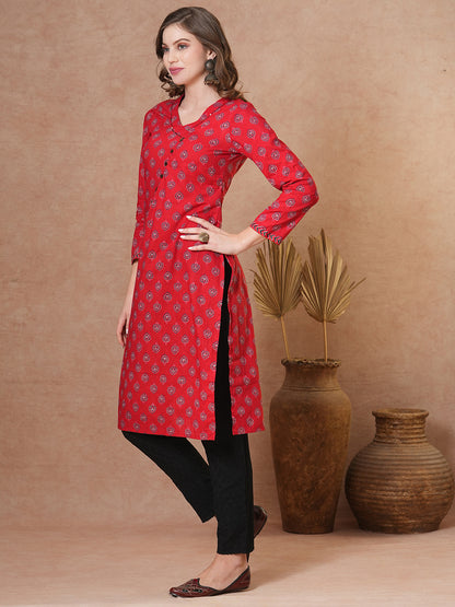 Ethnic Printed Straight Fit Kurta - Red