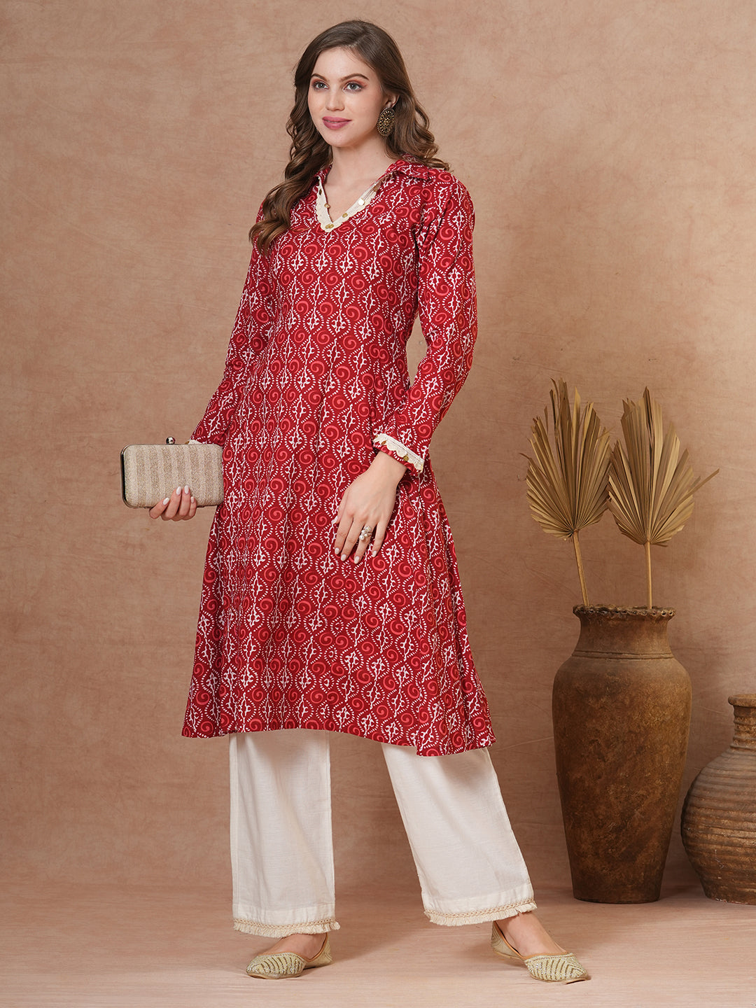 Ethnic Printed A-Line Paneled Coined Kurta - Red