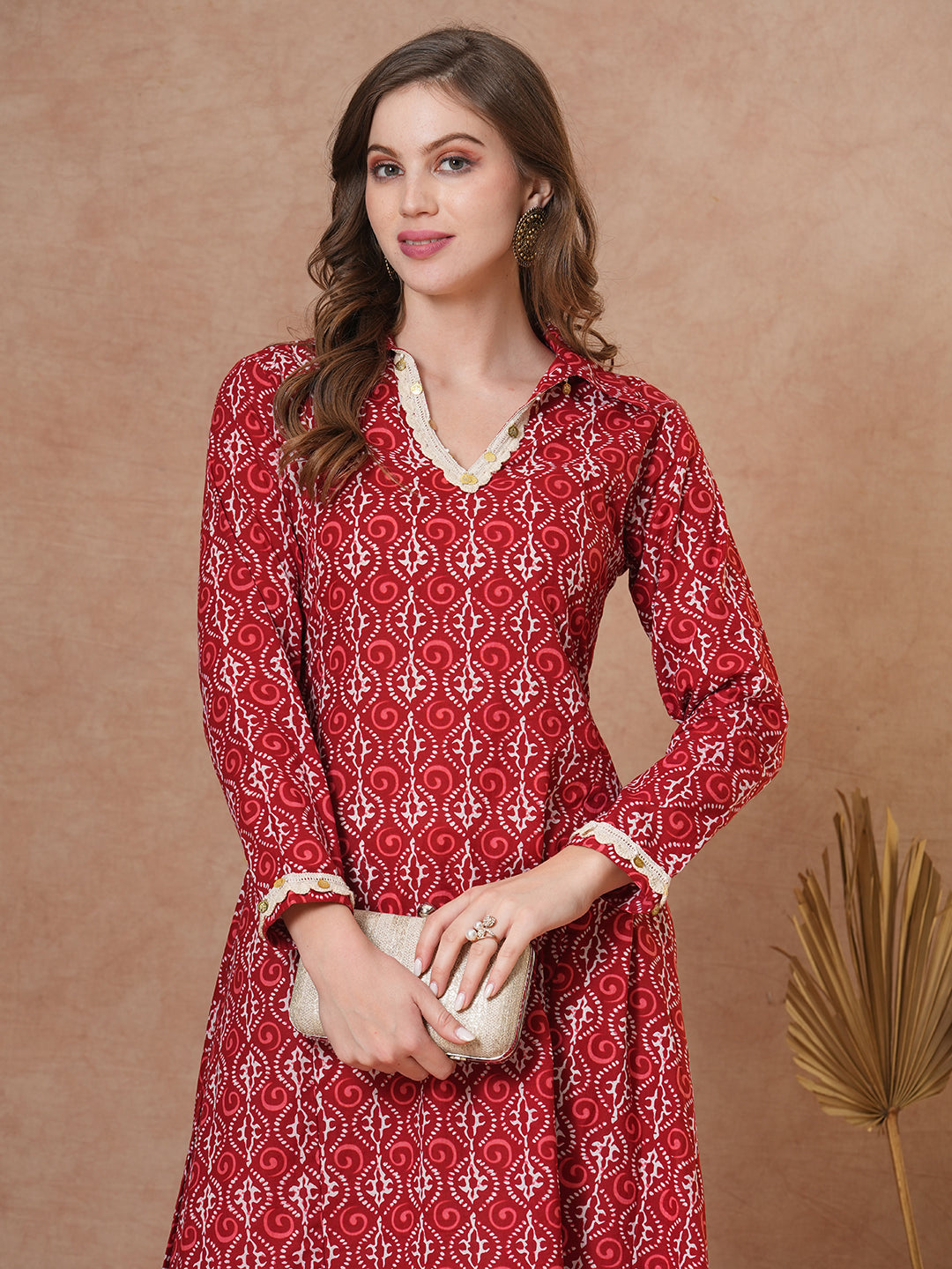 Ethnic Printed A-Line Paneled Coined Kurta - Red