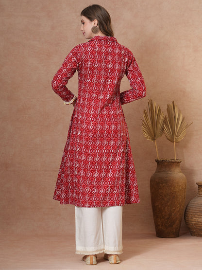 Ethnic Printed A-Line Paneled Coined Kurta - Red