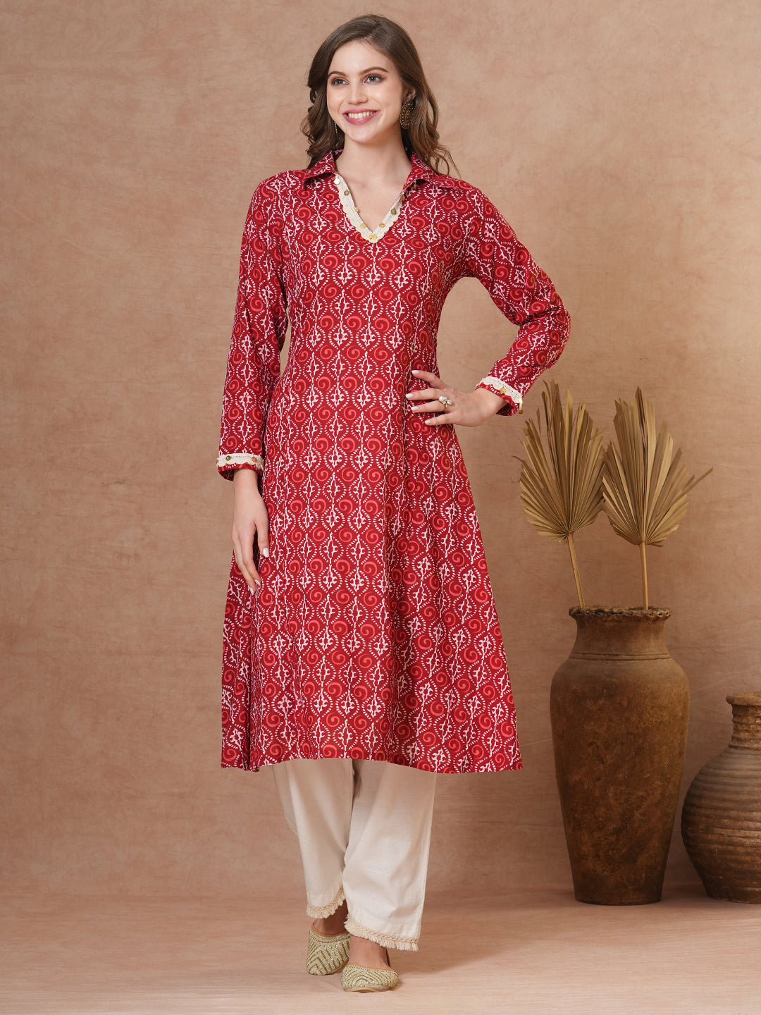 Ethnic Printed A-Line Paneled Coined Kurta - Red