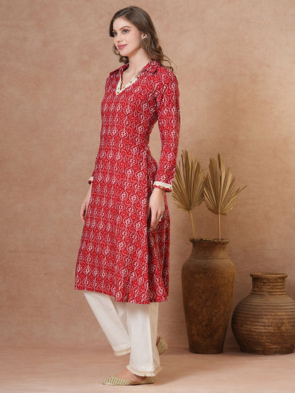 Ethnic Printed A-Line Paneled Coined Kurta - Red