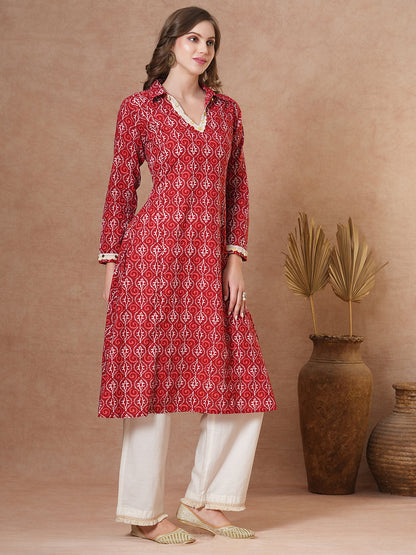 Ethnic Printed A-Line Paneled Coined Kurta - Red