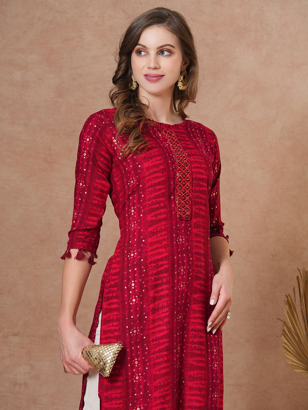 Ethnic Bandhani Printed & Embroidered Straight Fit Kurta - Maroon