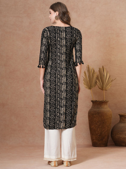 Ethnic Chevron Printed & Embroidered Straight Fit Kurta - Black