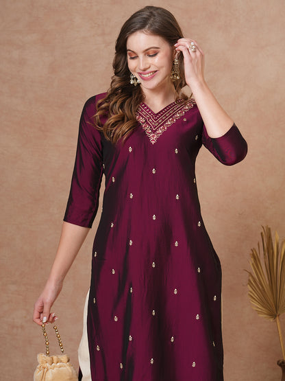 Ethnic Embroidered Straight Fit Kurta - Burgundy