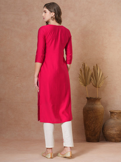 Floral Embroidered Straight Fit Kurta - Pink