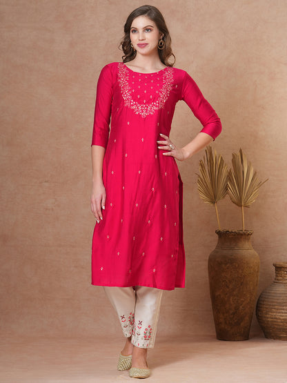 Floral Embroidered Straight Fit Kurta - Pink