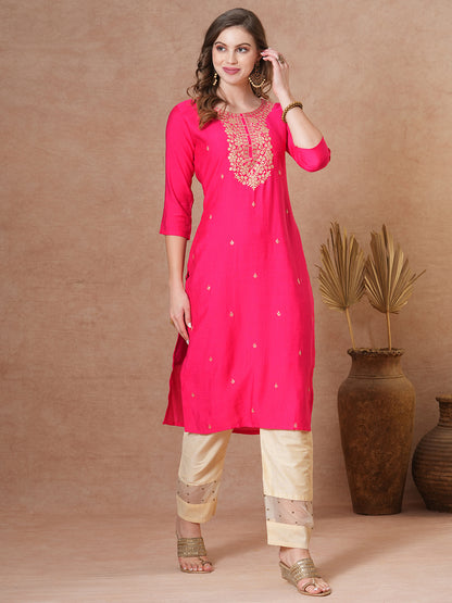 Ethnic Floral Embroidered Straight Fit Kurta - Pink