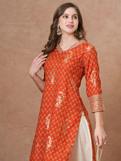 Ethnic Floral Foil Printed & Embroidered Straight Fit Kurta - Brown