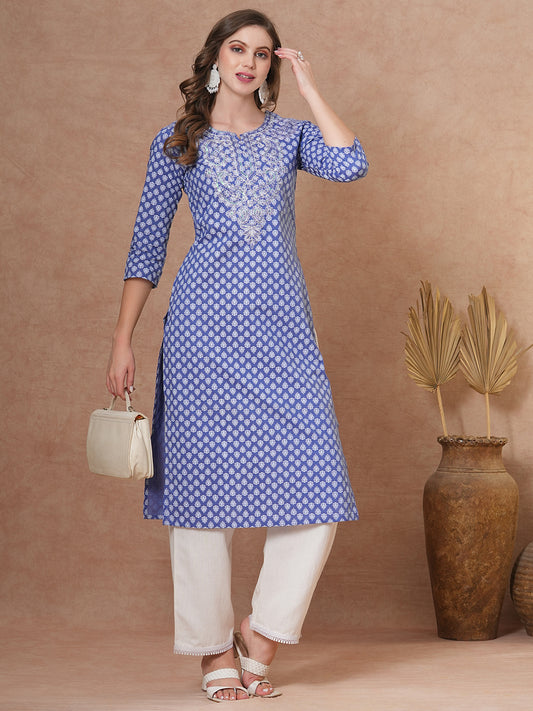 Ethnic Floral Printed & Embroidered Straight Fit Kurta - Blue