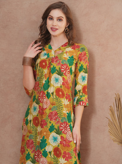 Abstract Floral Printed Straight Fit Kurta - Green