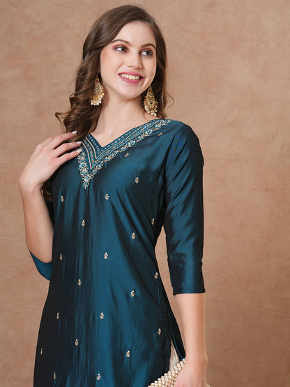 Ethnic Embroidered Straight Fit Kurta - Teal Blue