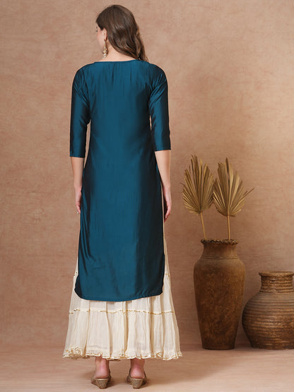 Ethnic Embroidered Straight Fit Kurta - Teal Blue