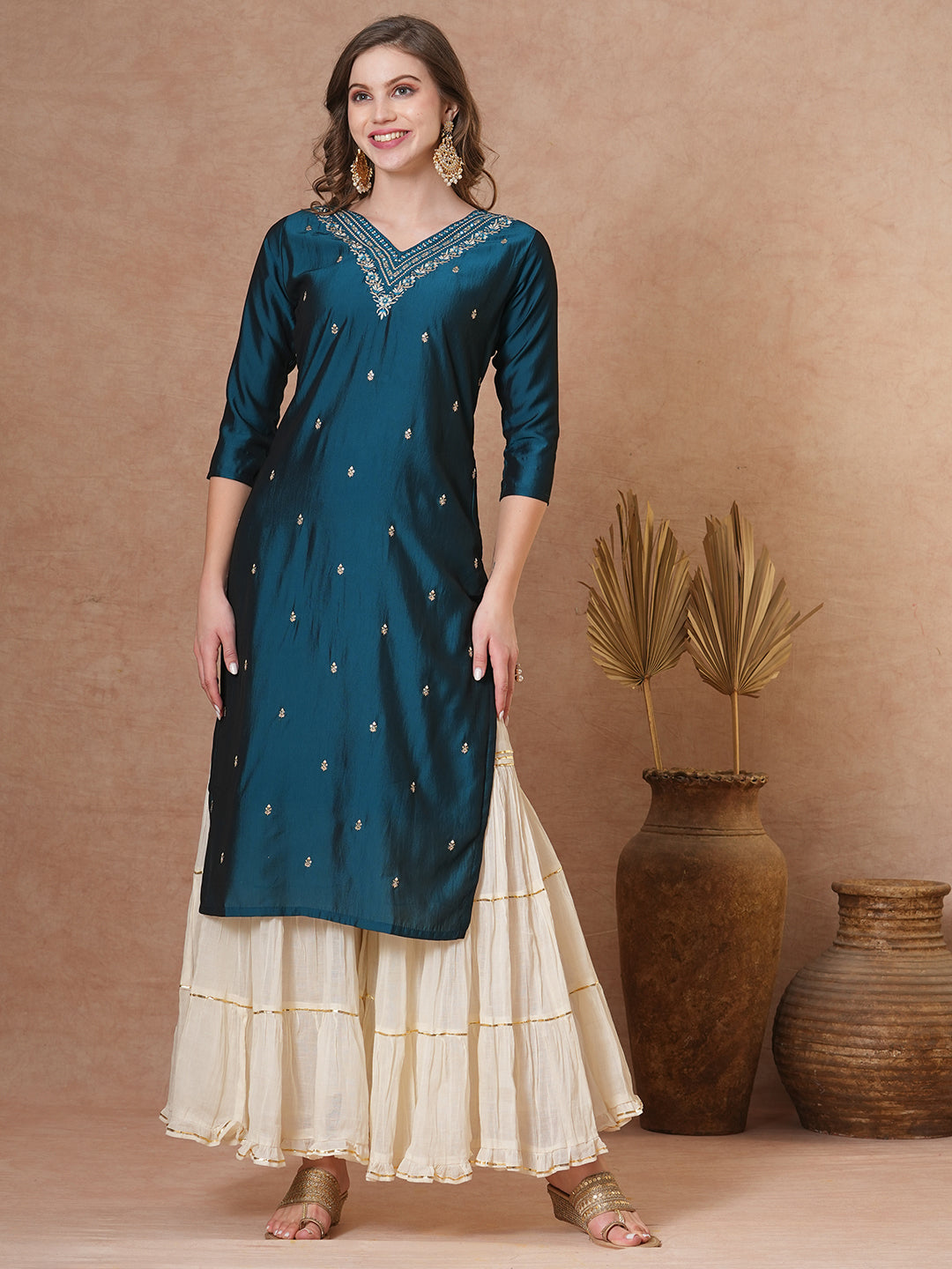 Ethnic Embroidered Straight Fit Kurta - Teal Blue