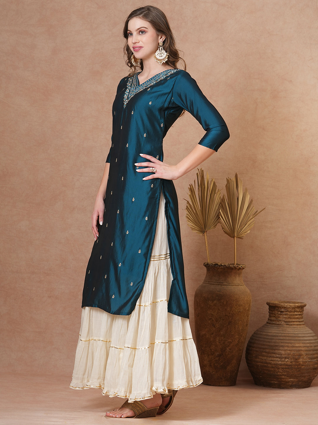 Ethnic Embroidered Straight Fit Kurta - Teal Blue