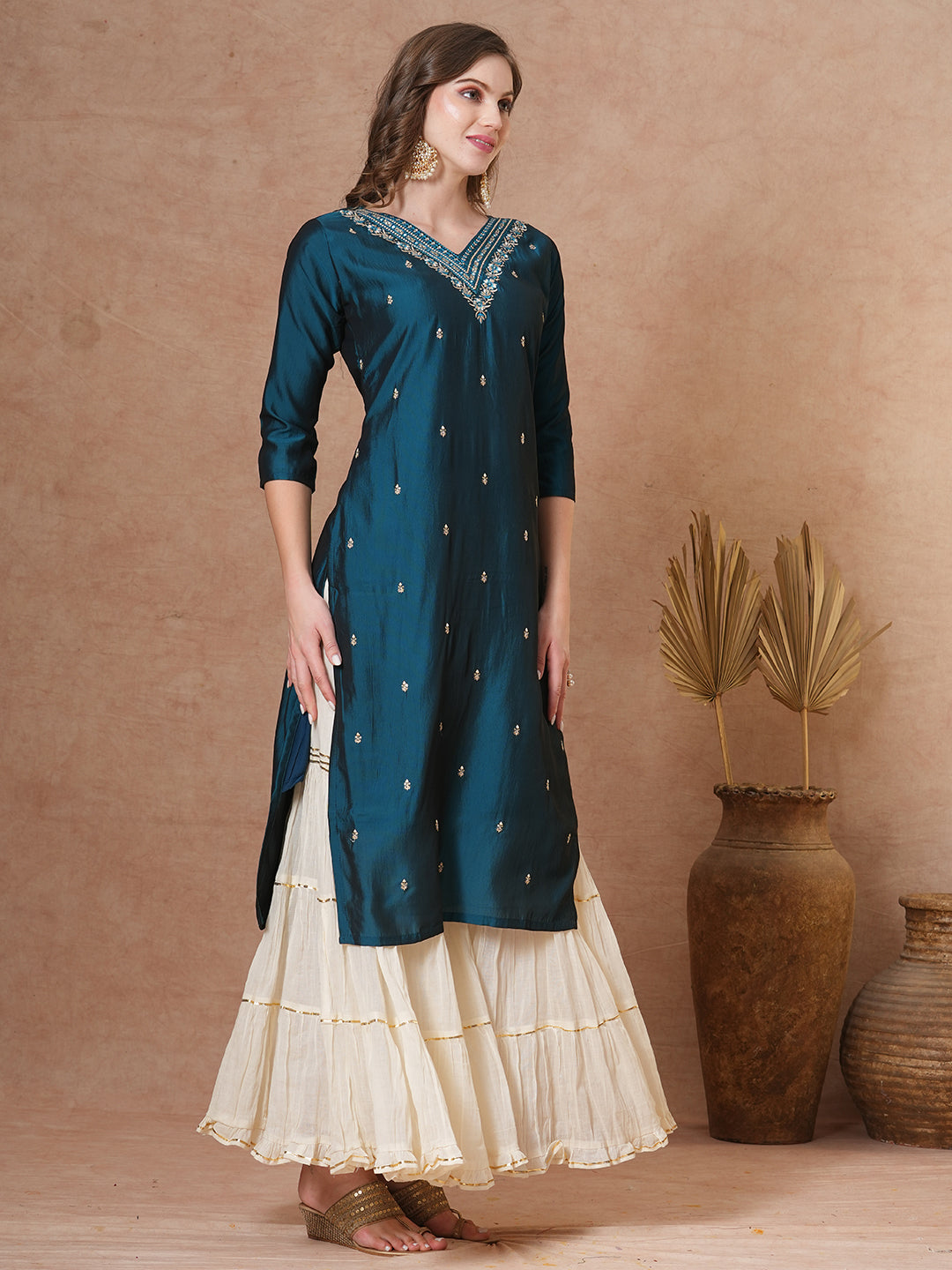 Ethnic Embroidered Straight Fit Kurta - Teal Blue