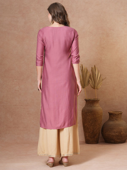 Ethnic Floral Embroidered Straight Fit Kurta - Rose Gold