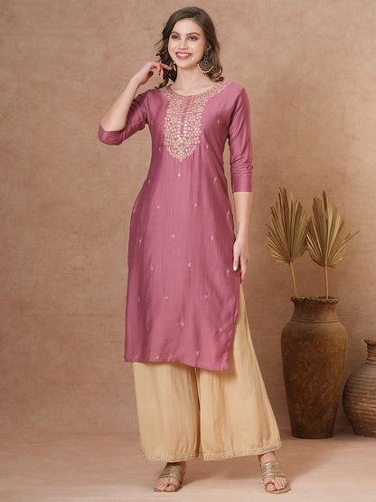 Ethnic Floral Embroidered Straight Fit Kurta - Rose Gold