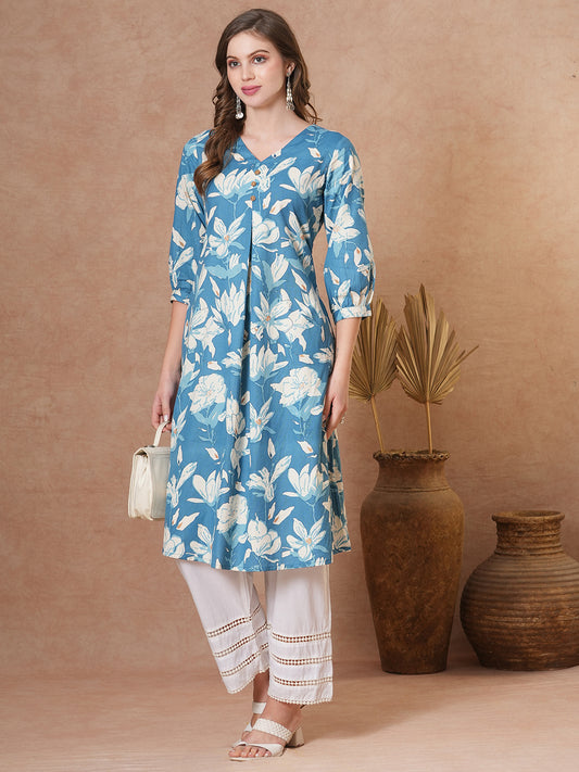 Abstract Floral Printed A-Line Flared Kurta - Blue