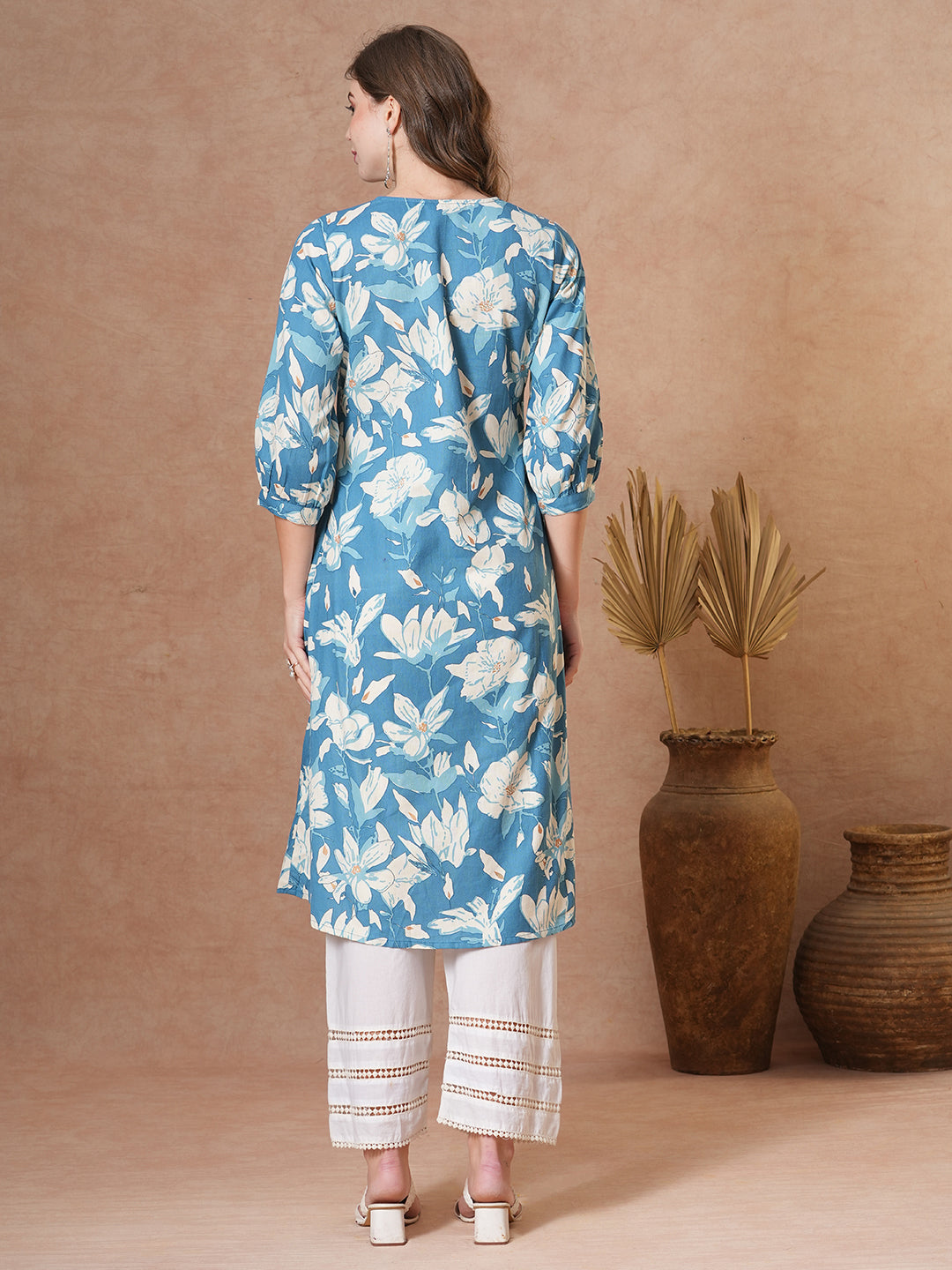 Abstract Floral Printed A-Line Flared Kurta - Blue