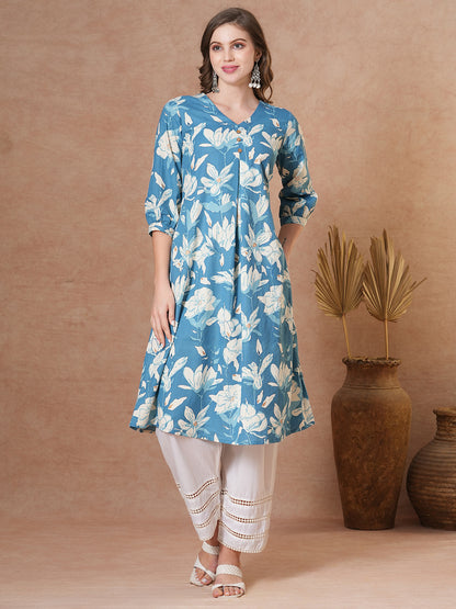 Abstract Floral Printed A-Line Flared Kurta - Blue