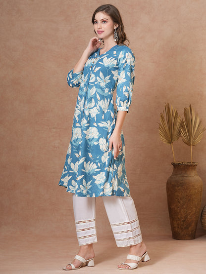 Abstract Floral Printed A-Line Flared Kurta - Blue