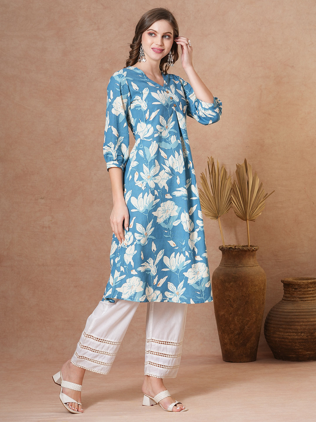 Abstract Floral Printed A-Line Flared Kurta - Blue