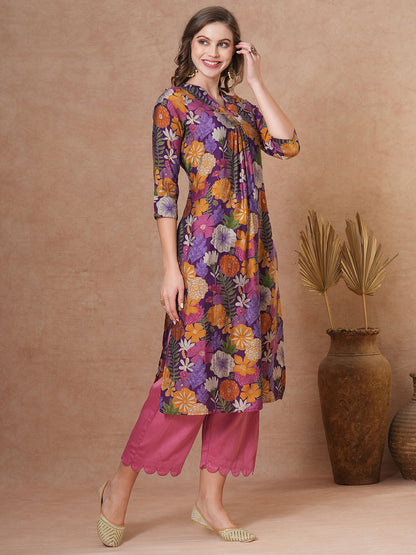 Ethnic Floral Printed Straight Fit Kurta - Purple