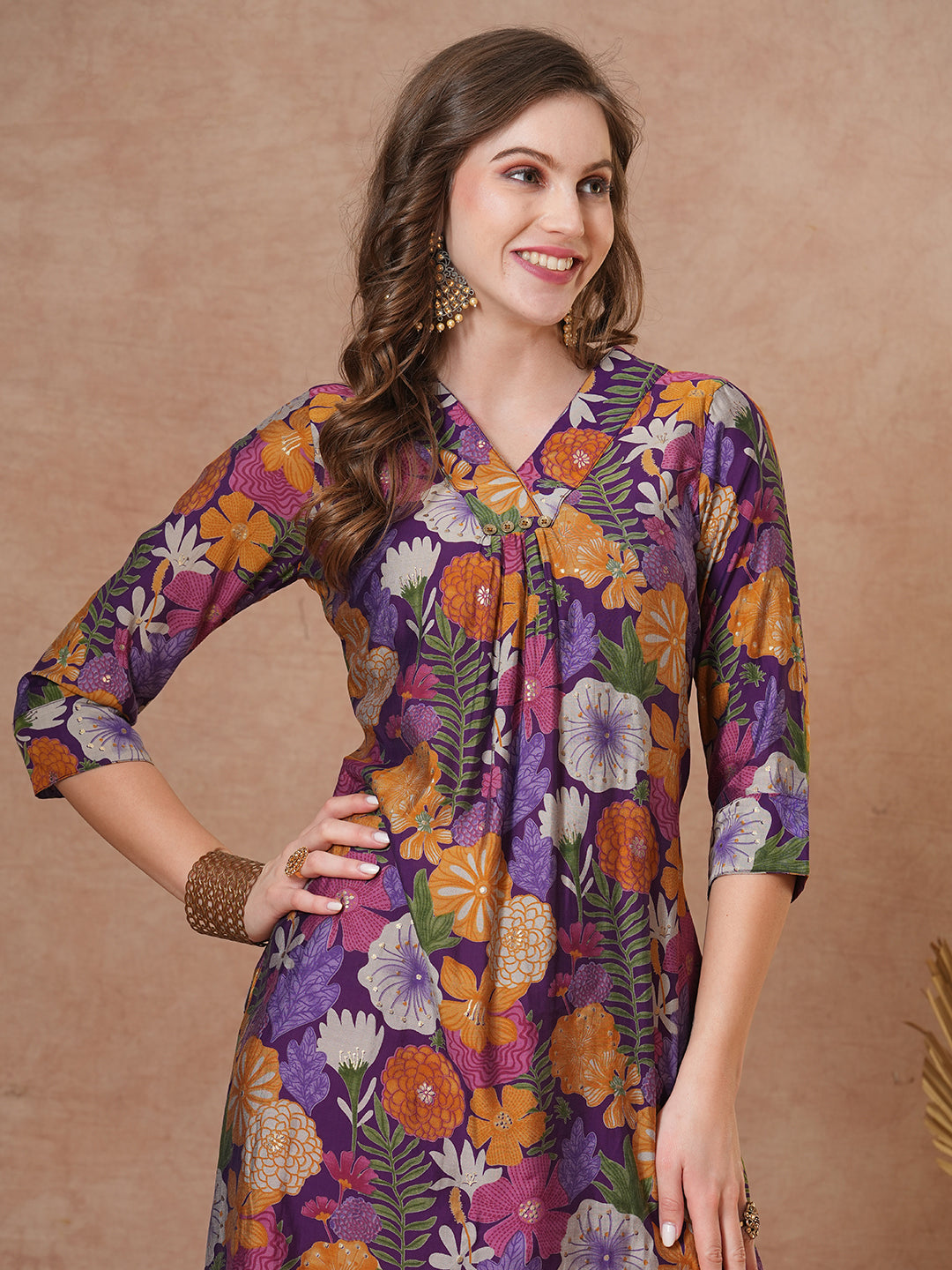 Ethnic Floral Printed Straight Fit Kurta - Purple