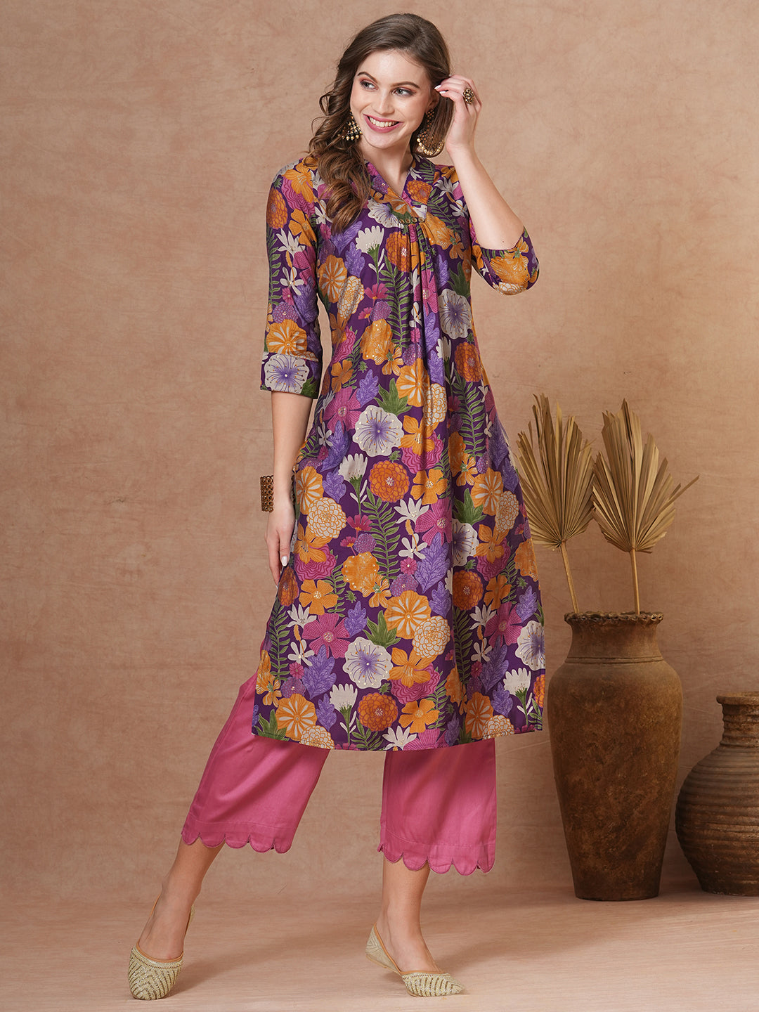 Ethnic Floral Printed Straight Fit Kurta - Purple